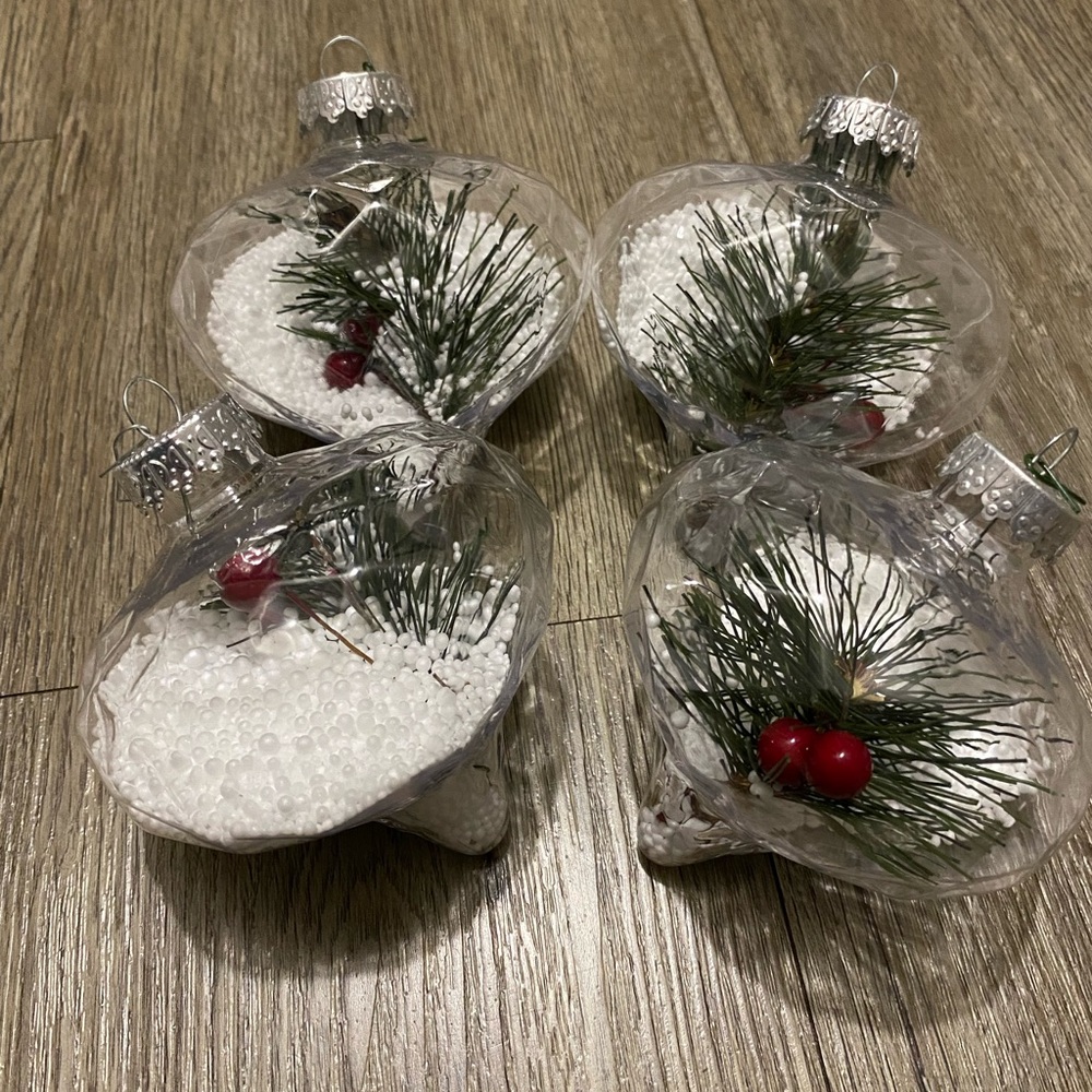 Clear Holiday Ornaments with Pine and Red Berries